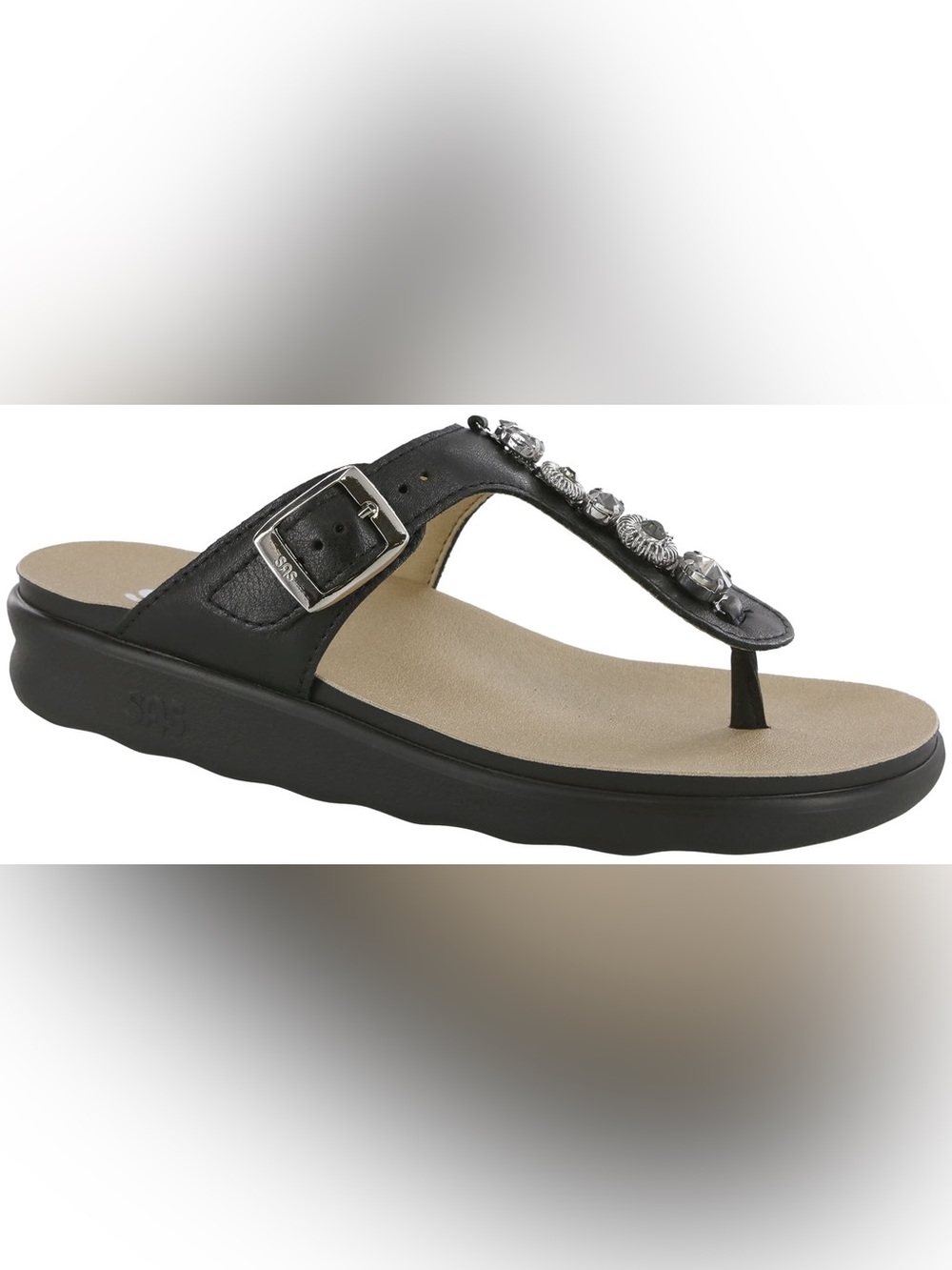 SAS Sanibel Dazzle T-Strap Slide Sandals Black Silver women’s 7 GUC flip flop